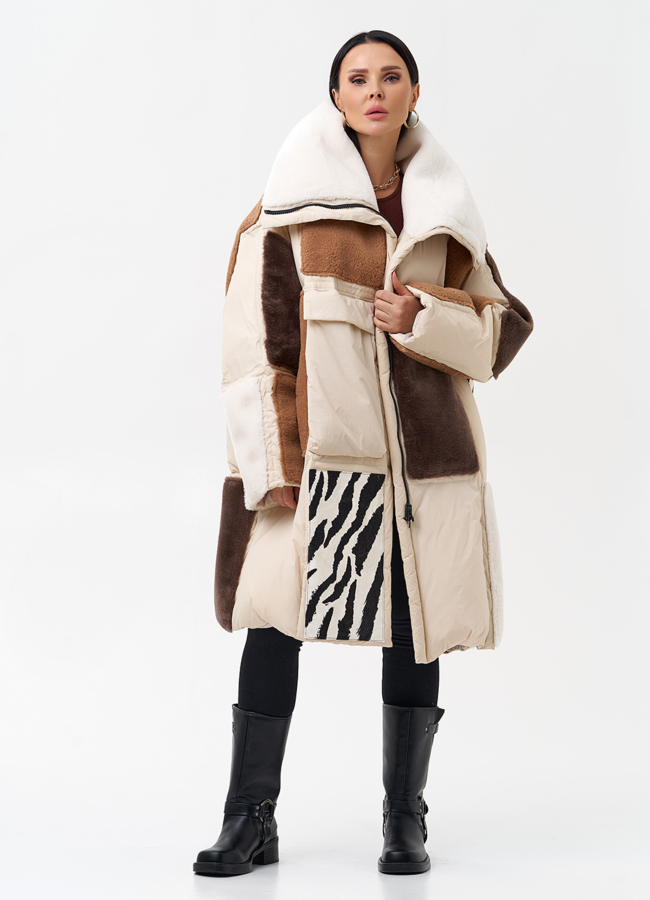 Комбинированный женский пуховик  модель № 28377 меха малина