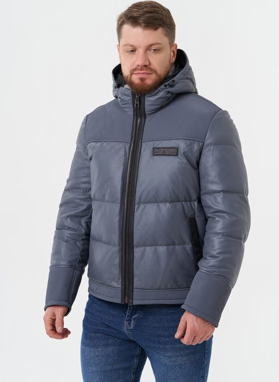 Пуховик из натуральной кожи с капюшоном