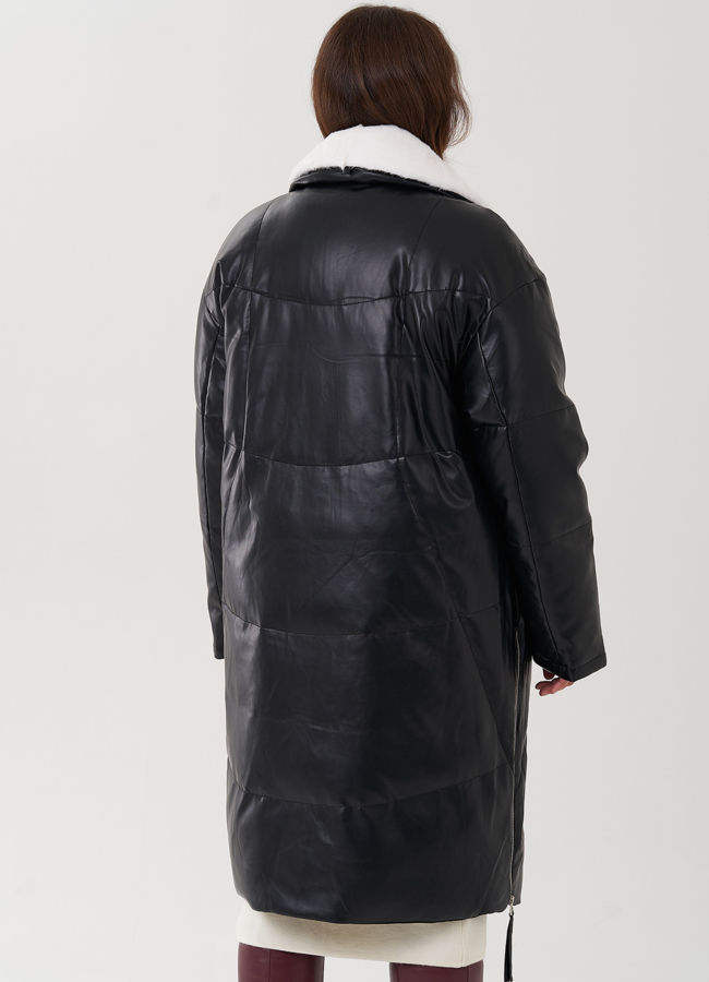 Пуховик женский из эко кожи с английским воротником модель № 25466 в кредит