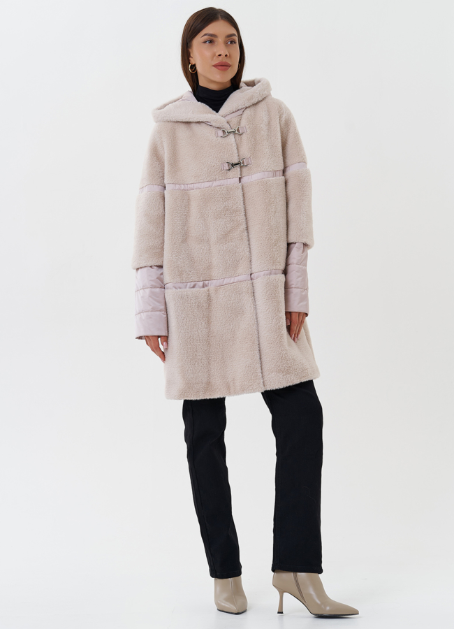 Комбинированное пальто из эко меха с капюшоном модель № 27652 в кредит