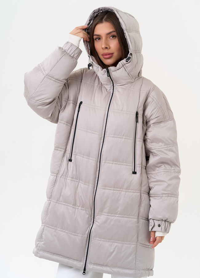 Женский светлый пуховик с капюшоном модель № 31585 меха малина