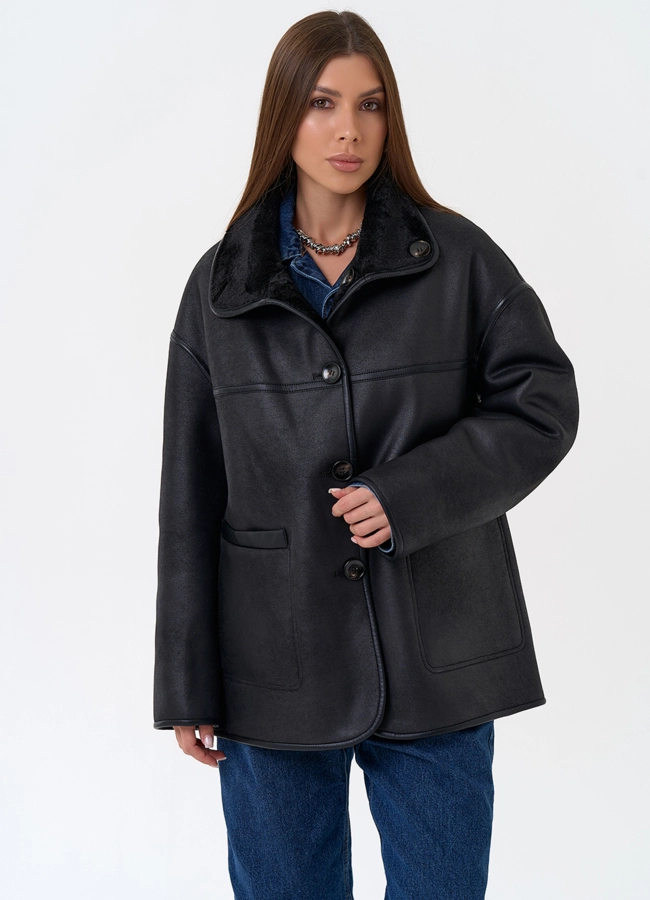 Женская двухсторонняя дубленка из эко замши в черном цвете модель № 31286 универмаг малина