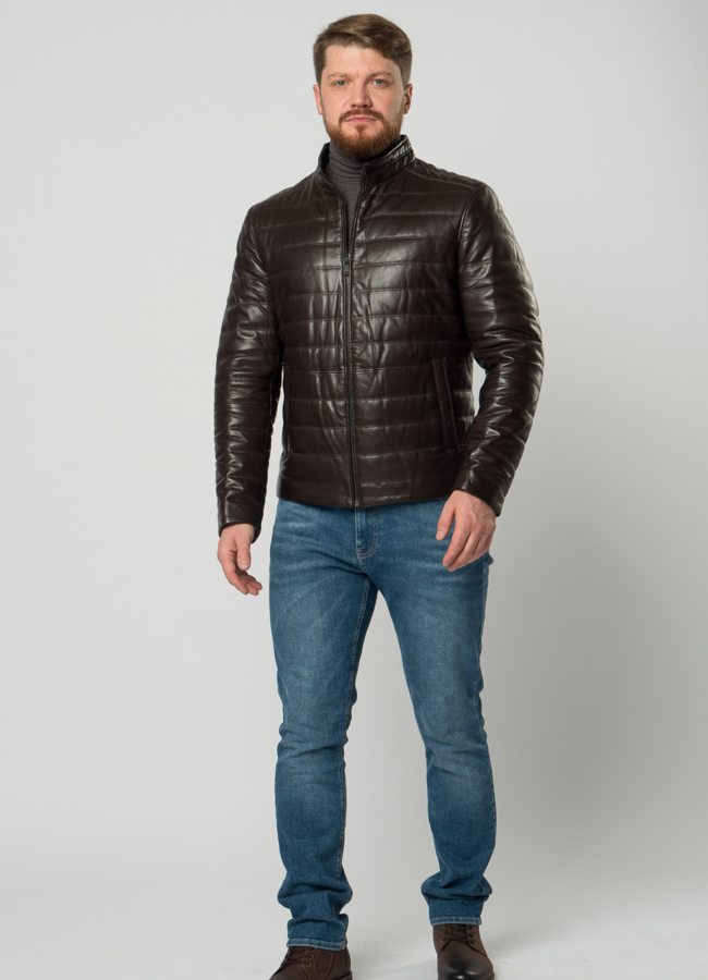 фото Мужская  утепленная куртка из натуральной кожи коричневого цвета модель № 20551