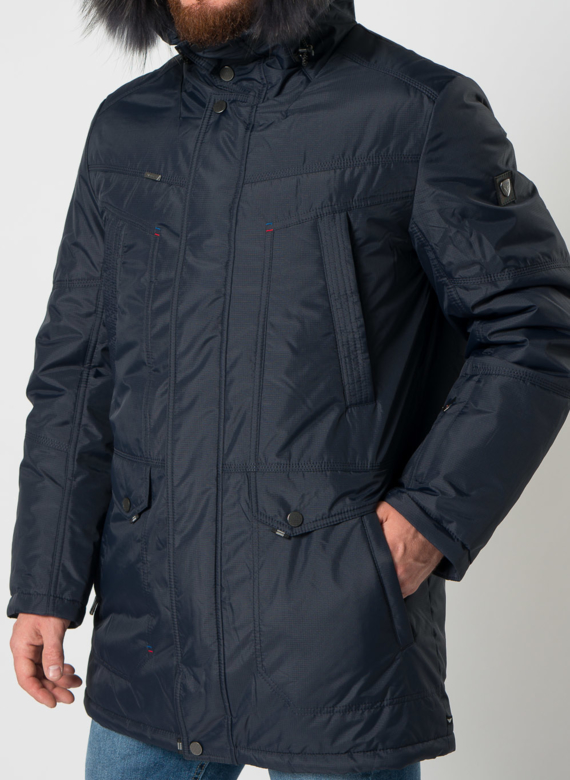 Полупальто мужское синего цвета с отделкой из енота