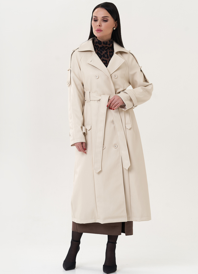 Удлиненный тренч из эко кожи модель № 26795 меха малина