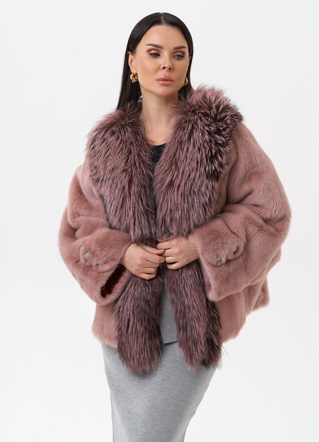 Короткая шуба из норки с чернобуркой модель № 28802 меха малина