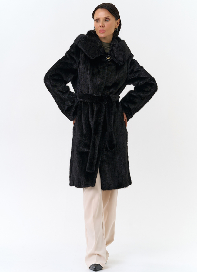 Шуба из норки черного цвета с капюшоном  модель № 26287 в рассрочку