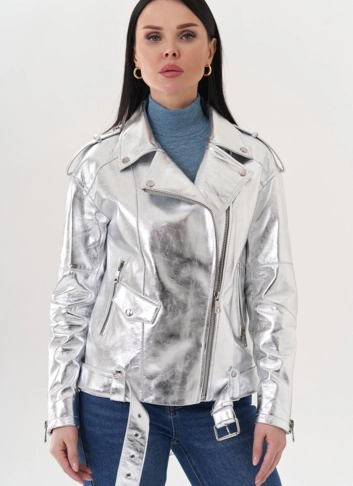 Куртка "косуха" из натуральной кожи под серебро