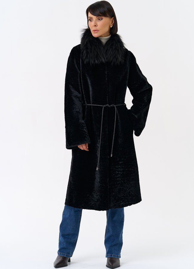 Женская двухстороняя дубленка с воротником из меха чернобурой лисы модель № 31932 меха малина