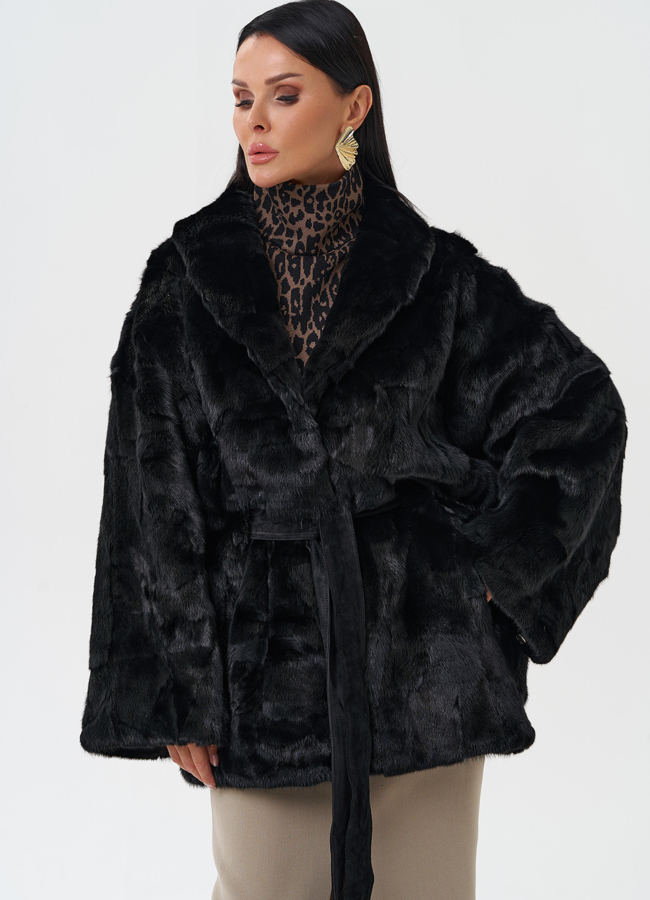 Шуба из меха норки с поясом модель № 28585 меха малина