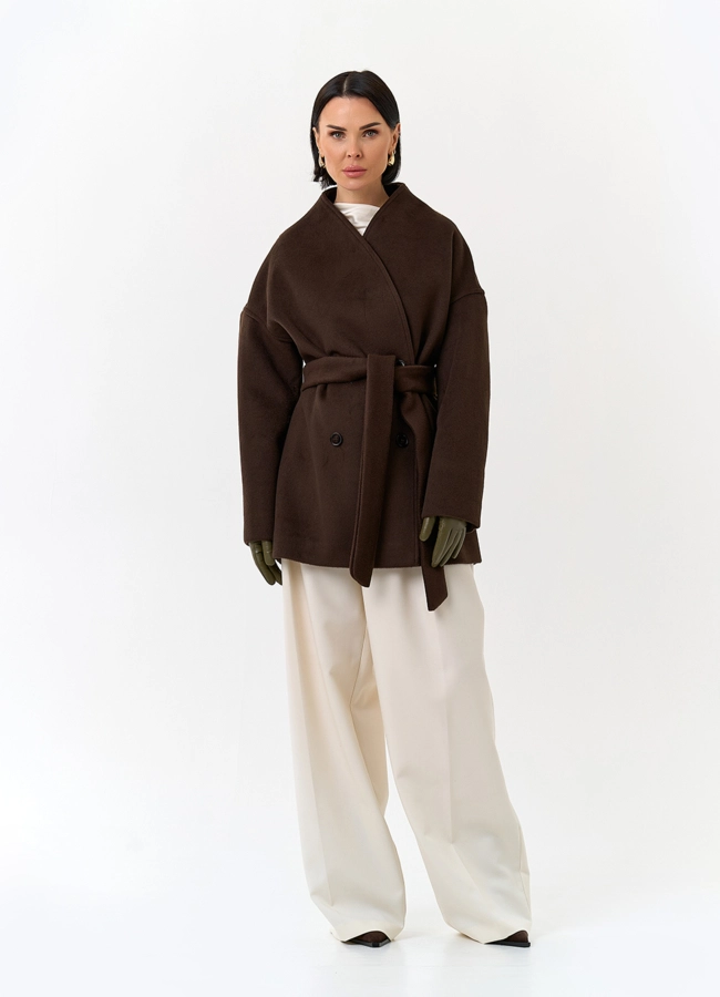 Женское укороченное пальто с поясом модель № 32817 универмаг малина