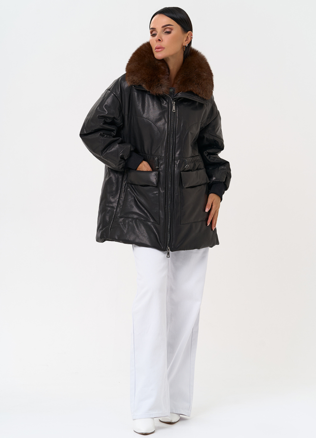 фото Полупальто из натуральной кожи с мехом песца модель № 76614