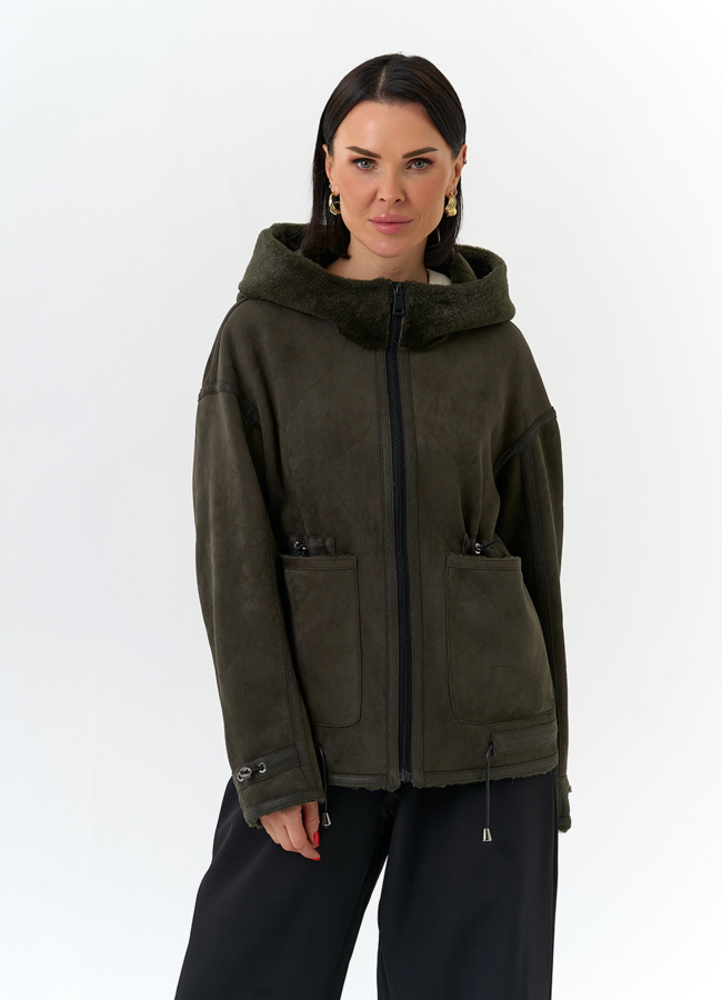 Женская дубленка из эко замши с капюшоном модель № 32585 меха малина