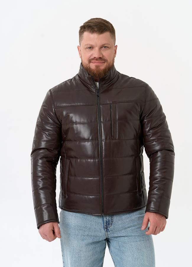 Мужская куртка из натуральной кожи с воротником стойкой модель № 32546 меха малина