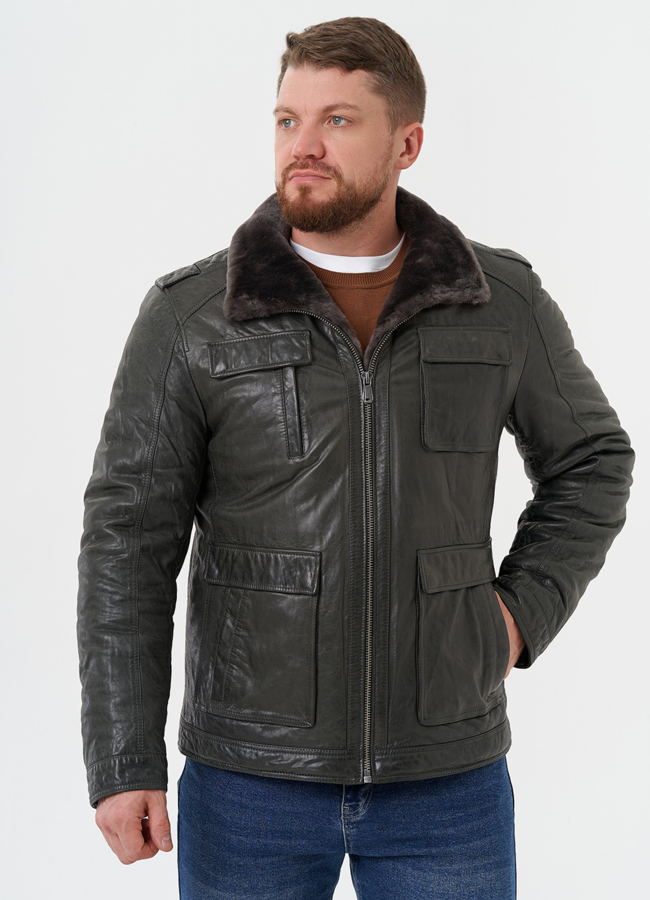 Мужская утепленная кожаная куртка  модель № 28074 универмаг малина