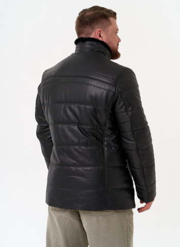 Пуховик из натуральной кожи с воротником стойкой