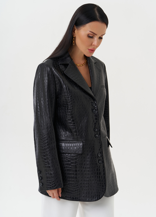 Жакет из натуральной кожи черного цвета модель № 27825 в рассрочку