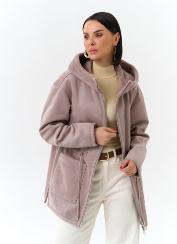 Двухсторонняя дубленка из эко замши с капюшоном