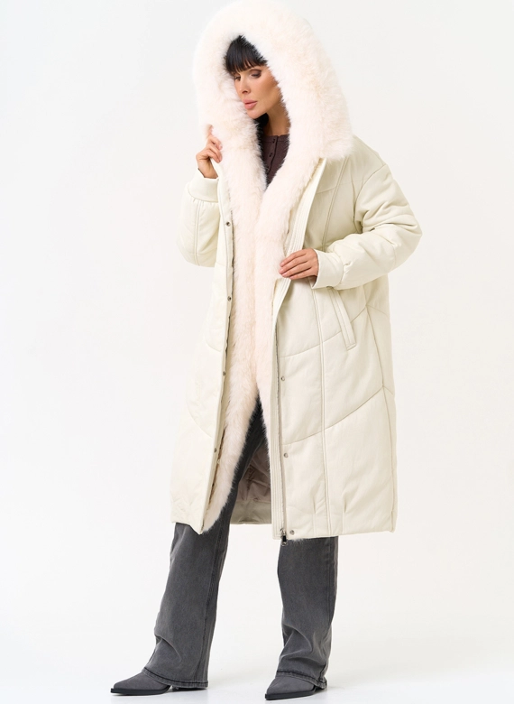 Женский пуховик из эко кожи со съемным эко мехом фото