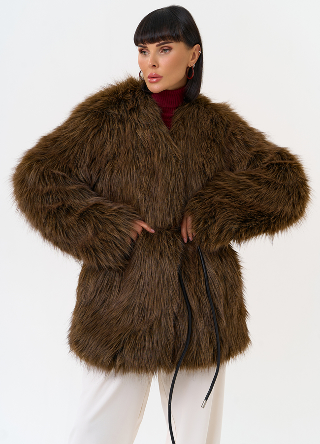 Женская шуба из эко меха с декоративным поясом модель № 31263 в рассрочку
