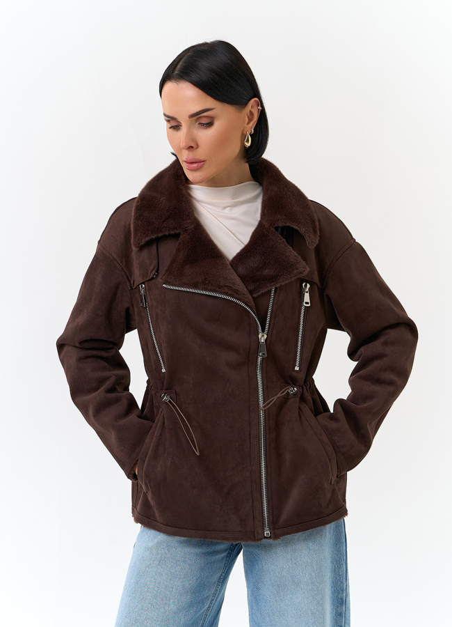 Женская дубленка из эко замши модель № 32792 универмаг малина