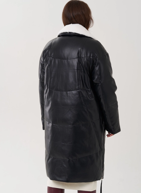 Пуховик женский из эко кожи с английским воротником
