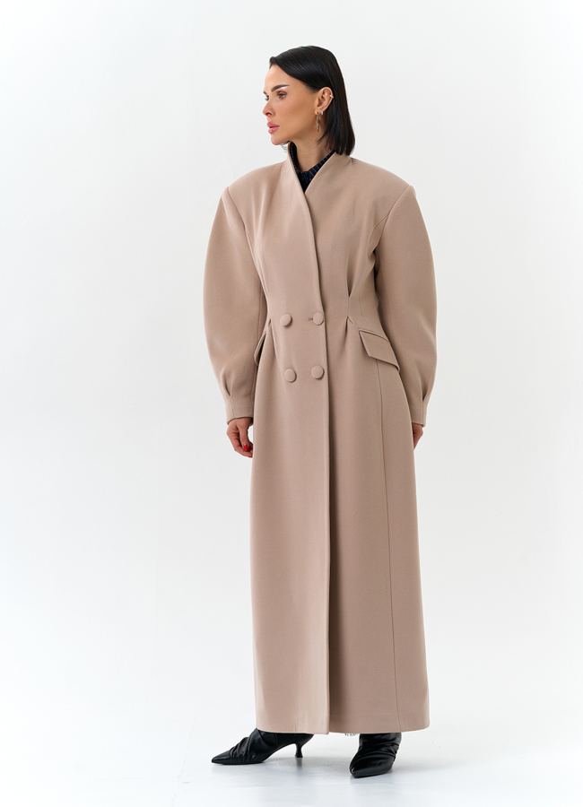 Женское длинное пальто с акцентными рукавами модель № 32784 универмаг малина