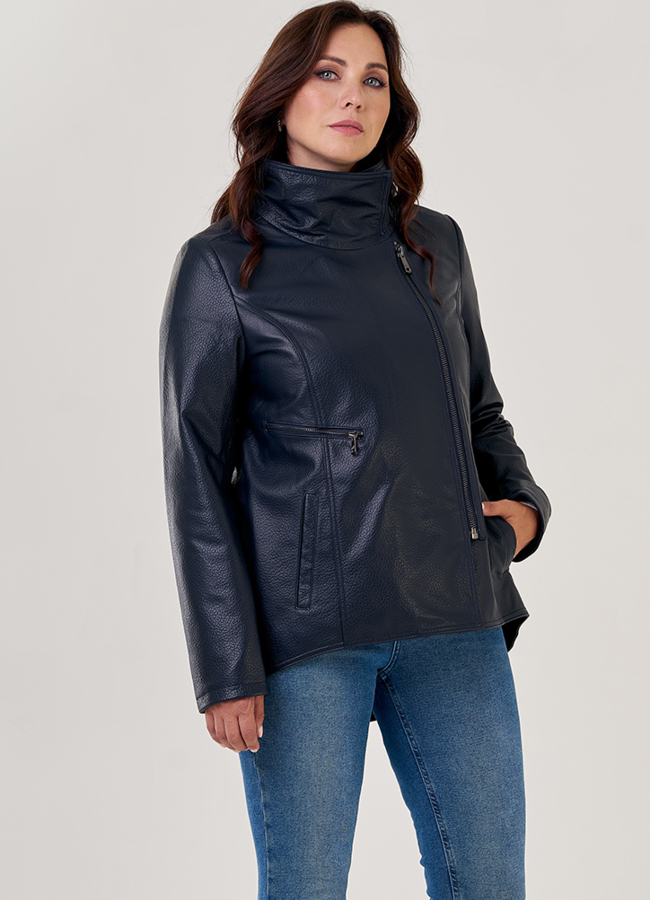 Кожаная куртка на молнии темно-синего цвета  модель № 10862 в рассрочку