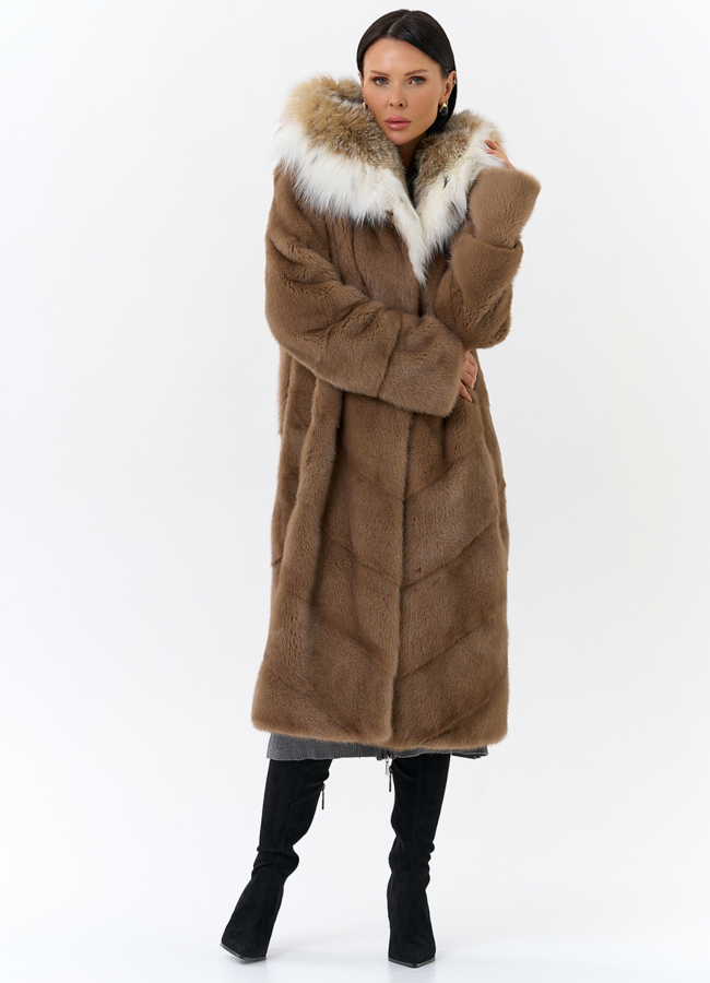 Норковая шуба с рысью модель № 25469 меха малина