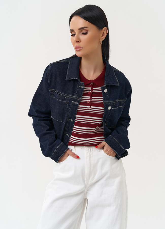 Жакет джинсовый синего цвета модель № 30413 меха малина