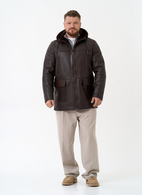 Мужская натуральная дубленка с капюшоном