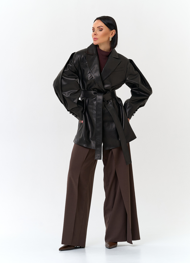 Жакет из натуральной кожи с поясом модель № 32885 в кредит