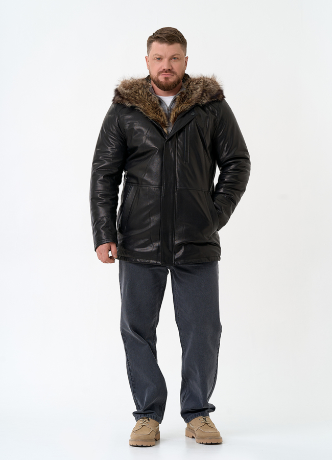 Мужская натуральная дубленка на волке с отделкой из меха енота модель № 26231 универмаг малина