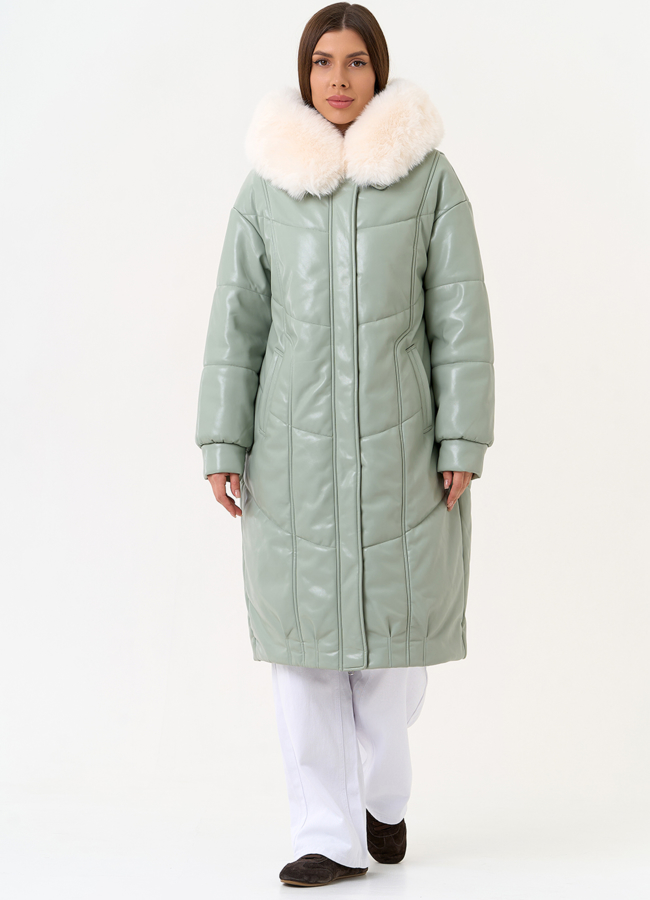 Женский пуховик из эко кожи с отделкой из эко меха модель № 30719 в кредит