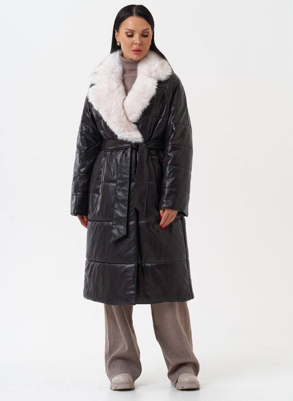 Пуховик из эко кожи с английским воротником