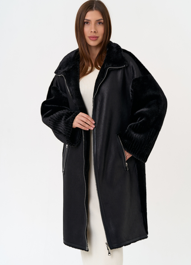 Женская двухсторонняя дубленка из эко замши с воротником стойкой модель № 31412 универмаг малина