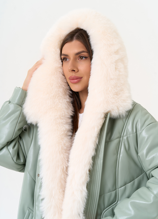 Женский пуховик из эко кожи с отделкой из эко меха модель № 30719 универмаг малина
