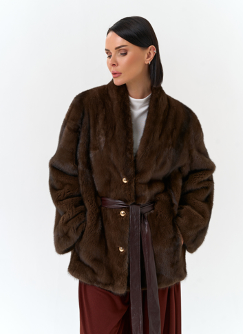 Шуба из меха норки с поясом