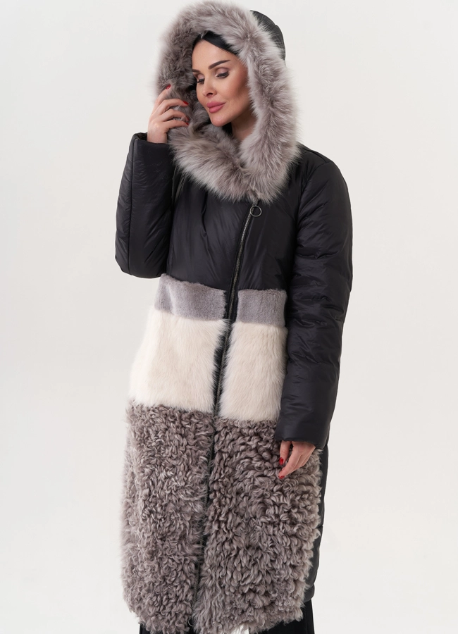 Комбинированный пуховик с овчиной модель № 26911 универмаг малина
