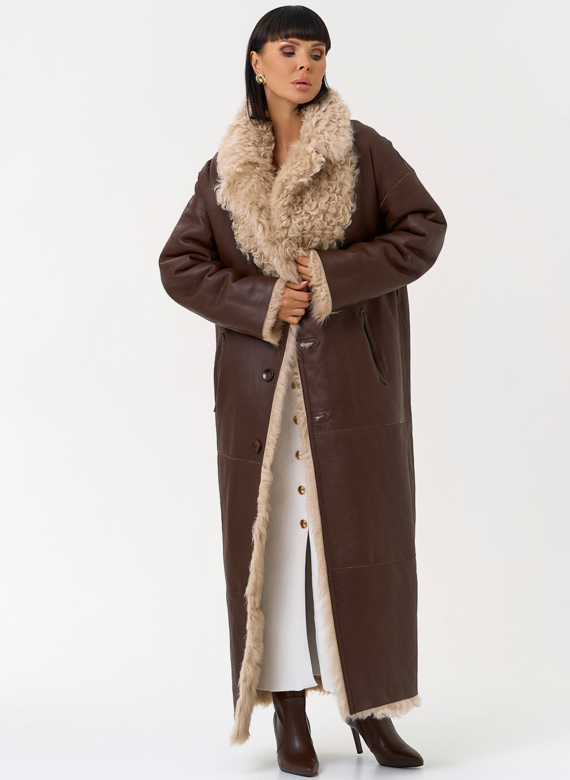 Женская двухсторонняя дубленка с декоративным поясом