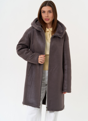 Женская двухсторонняя дубленка из эко замши с капюшоном