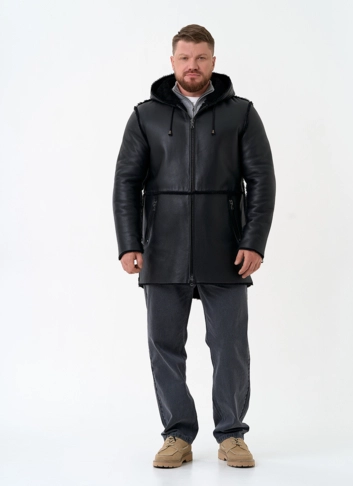 Мужская натуральная дубленка с капюшоном