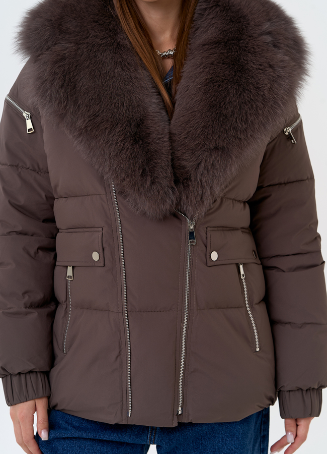 Женский пуховик с воротником из меха песца модель № 31427 универмаг малина