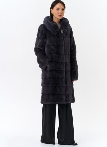 Норковая шуба в цвете графит с капюшоном 