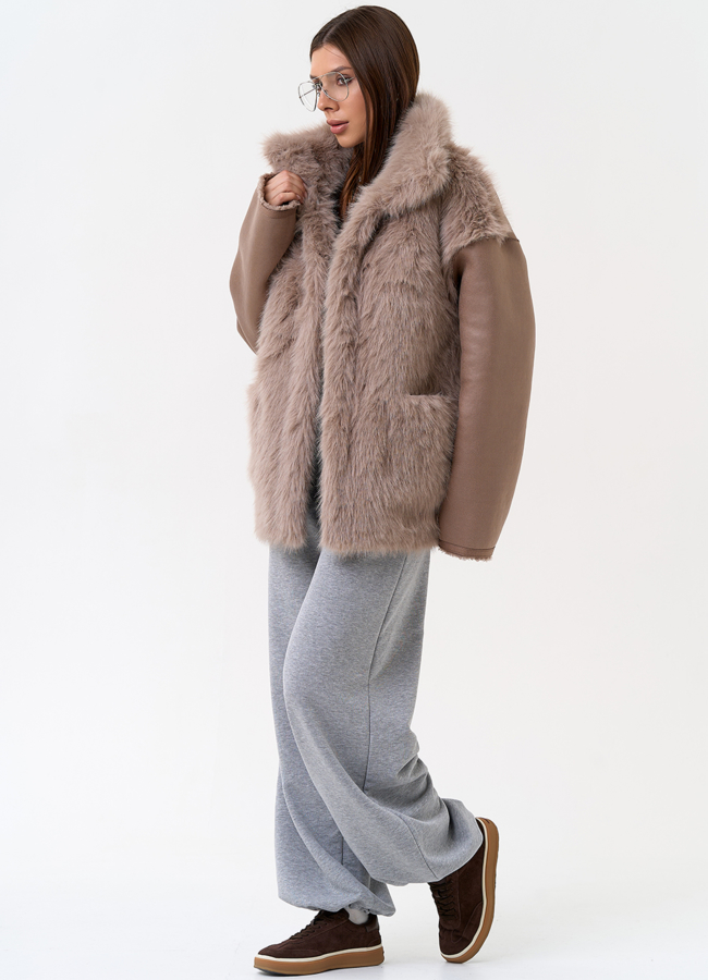 Женская дубленка из эко замши с отделкой из эко меха модель № 31325 универмаг малина
