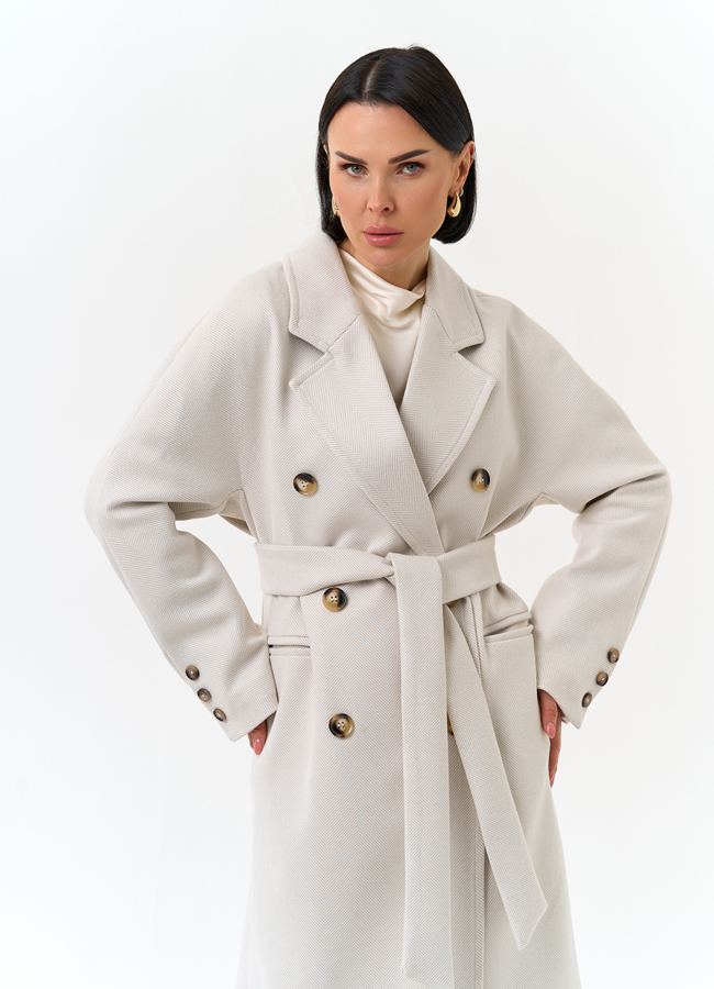 Светлое женское пальто с поясом модель № 32818 универмаг малина